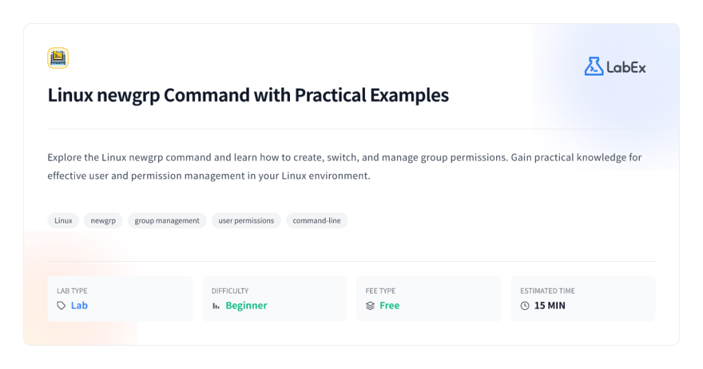 Linux newgrp command practical examples page explicitly showing the newgrp command and Linux group management topic.