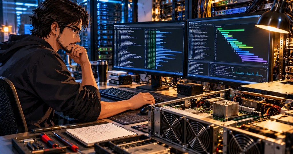 Photo-anime editorial scene of a Linux infrastructure technician assessing service boot timelines and server performance monitors in a detailed data-center laboratory