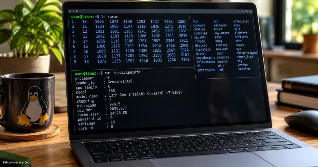 Photorealistic editorial image of a laptop showing Linux terminal commands for the /proc virtual filesystem.