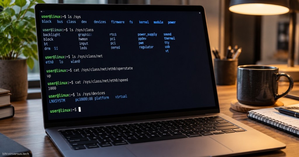 Photorealistic editorial workspace showing a Linux terminal exploring the /sys directory.