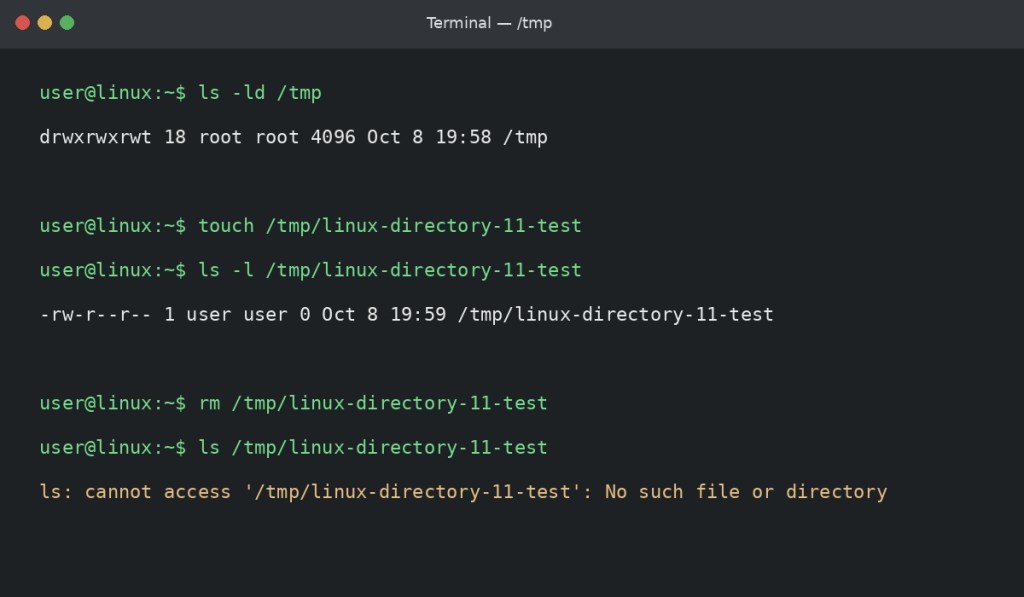 Linux terminal example showing ls -ld /tmp, creating a temporary file, listing it, and removing it.