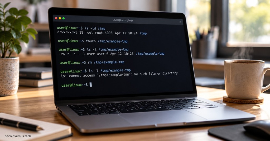 Photorealistic editorial image of a laptop showing Linux terminal commands for the /tmp directory on a desk.