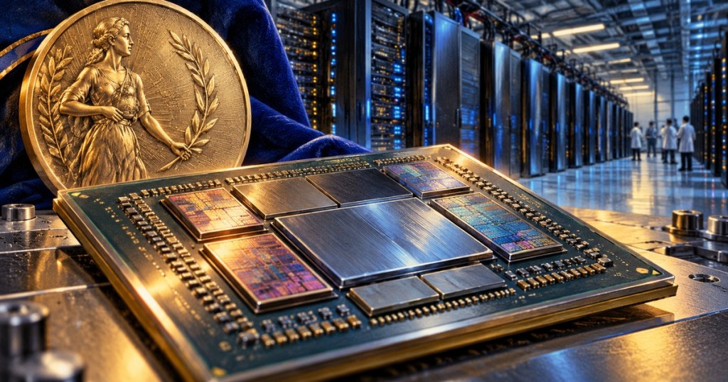 Editorial illustration of a multi-chip semiconductor package beside a science medal in a supercomputing facility