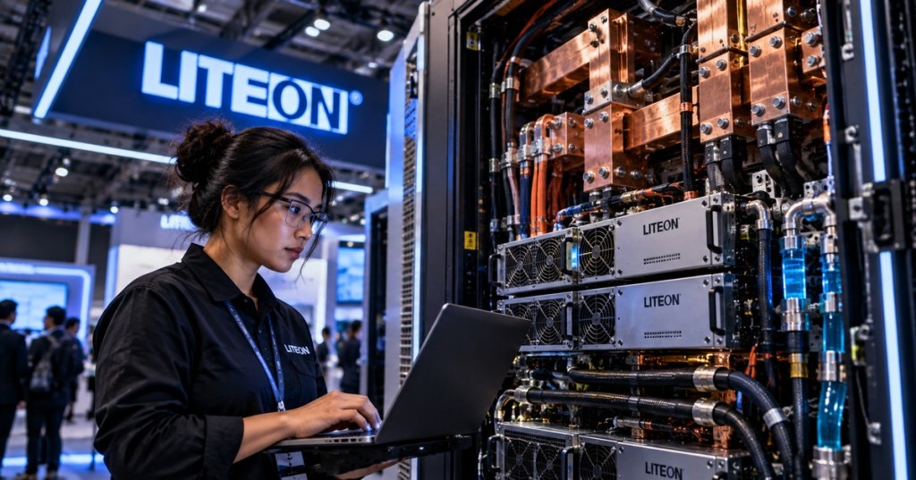 Asian engineer working beside a LITEON-branded high-density AI power rack at a technology expo