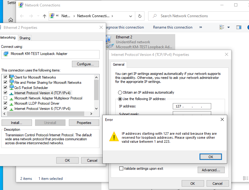 Microsoft Windows networking screenshot showing that 127.0.0.1 is reserved for loopback addressing