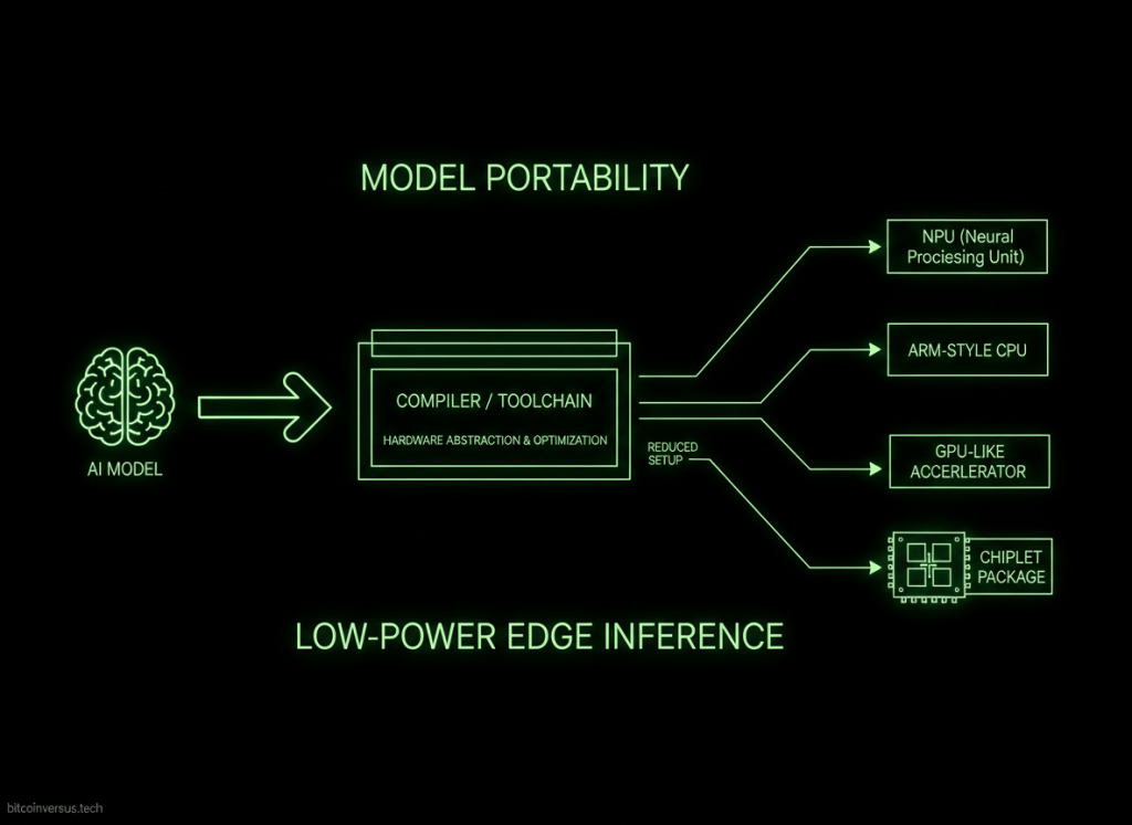 Neon technical diagram showing an AI model passing through a compiler toolchain into multiple edge processor and chiplet targets.