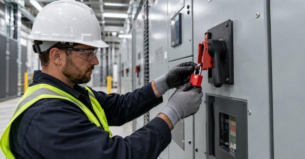 Technician applying a red lockout padlock to an electrical disconnect switch in an industrial electrical room.