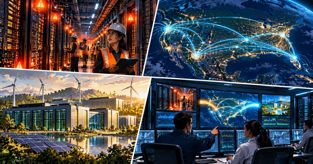 Four panel comic: data center technicians monitor power alerts, routes cross a map of U.S. fiber networks, renewable-powered server campus, and engineers coordinate workload distribution