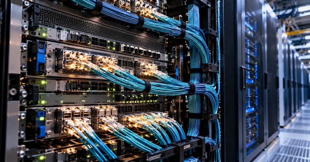 Fiber optic links connected to high-density AI rack networking equipment