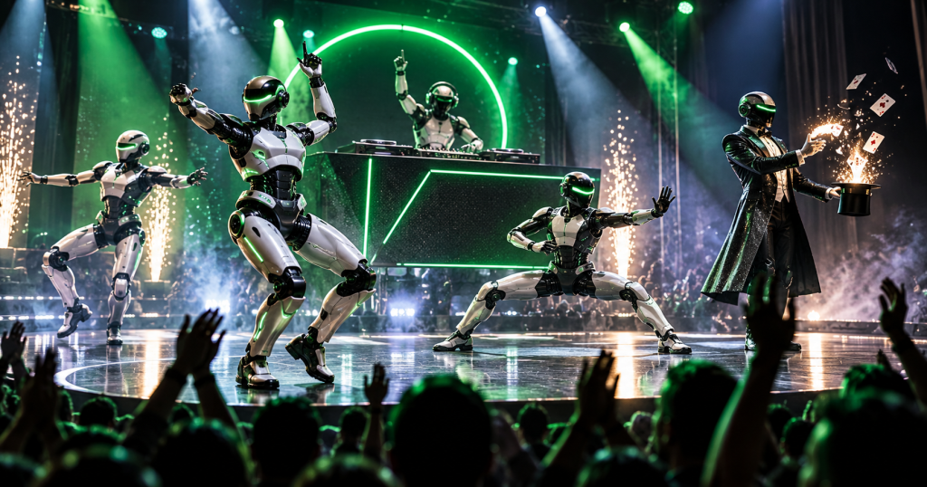 Artist illustration of humanoid robots performing dance DJ and magic acts on stage