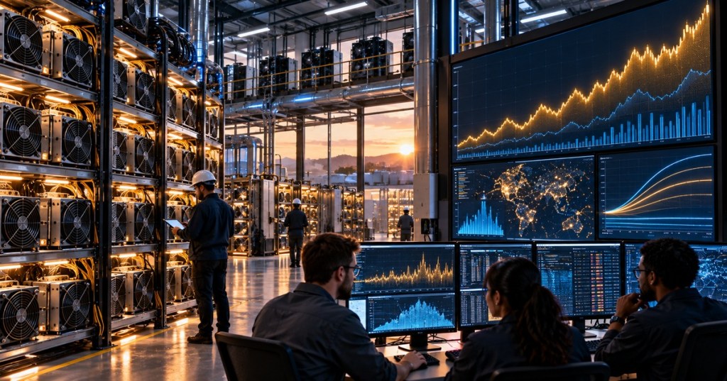 Photorealistic editorial Bitcoin mining facility with ASIC racks, technicians and monitoring screens showing rising hashrate and mining economics.