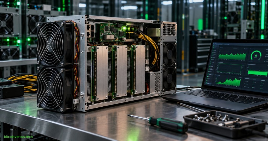 Open ASIC mining rig beside a laptop showing firmware diagnostics in a data-center workshop