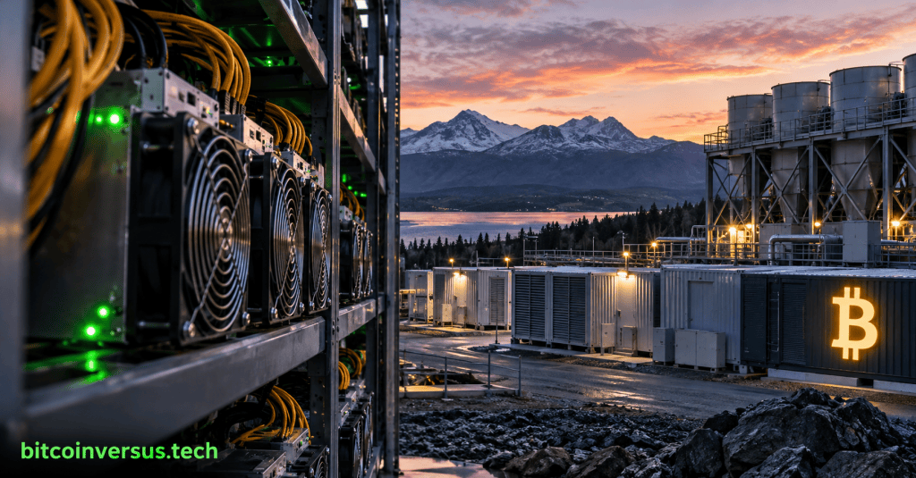 Rows of ASIC miners with cooling and power infrastructure at an industrial mining site