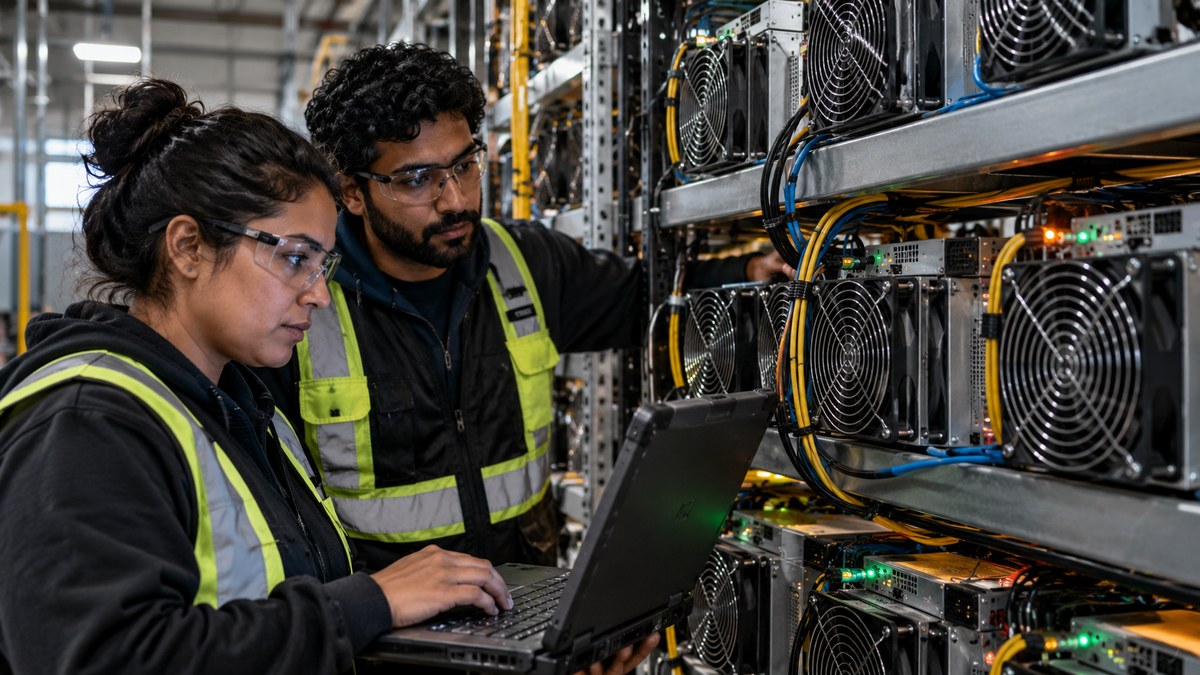 Technicians monitoring air-cooled Bitcoin mining ASICs during a firmware and cooling-system check.
