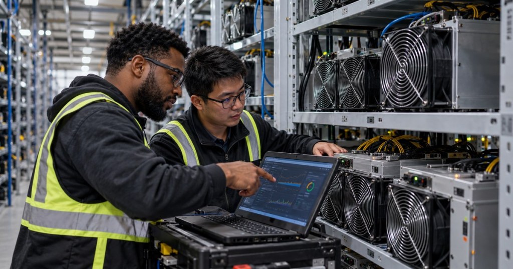 Bitcoin mining technicians inspecting ASIC miners during a firmware deployment at an industrial mining facility.
