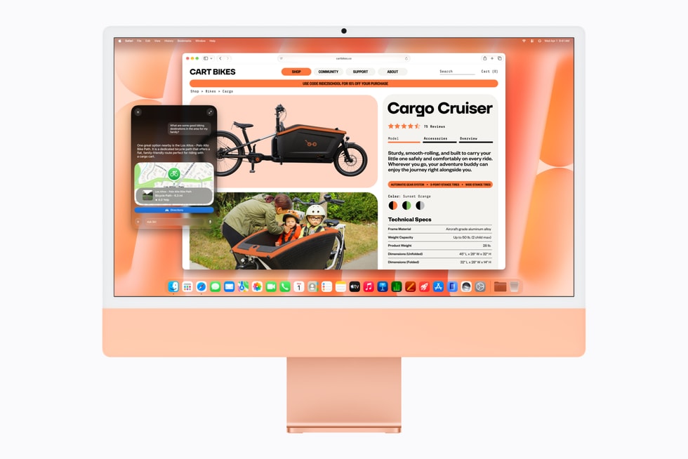 Siri AI assistant beside a Safari product page on an orange M6 iMac