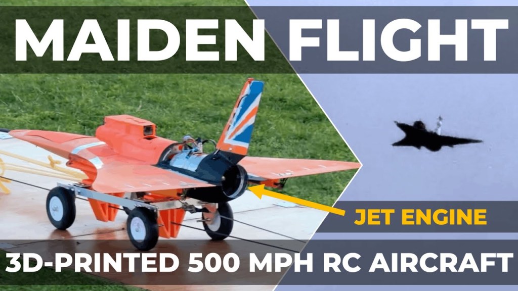 The Mach Initiative's 3D-printed jet-powered model aircraft during testing, from the team's flight video.