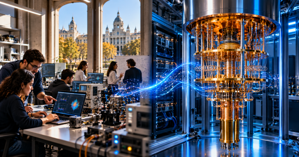 Wordless conceptual editorial diptych of researchers in a Madrid physics laboratory and superconducting quantum computer cryogenic hardware