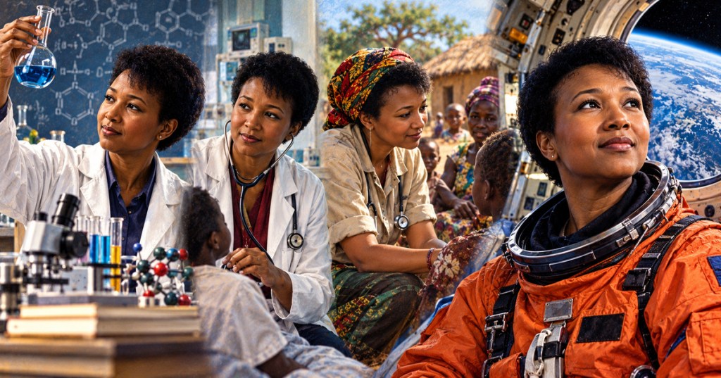 Illustrated Career News portrait of Mae Jemison as an engineer, physician, Peace Corps doctor, and astronaut