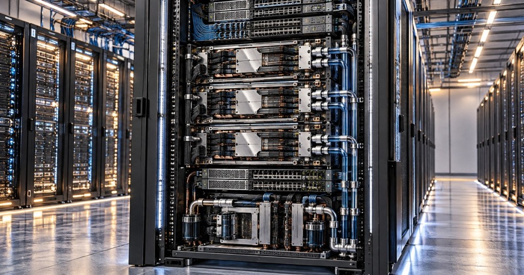 Editorial illustration of a liquid-cooled AI accelerator rack in a data center, representing Microsoft Maia 300 infrastructure.