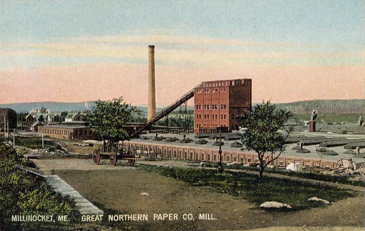 Historical 1907 image of Great Northern Paper Company industrial buildings in Millinocket, Maine