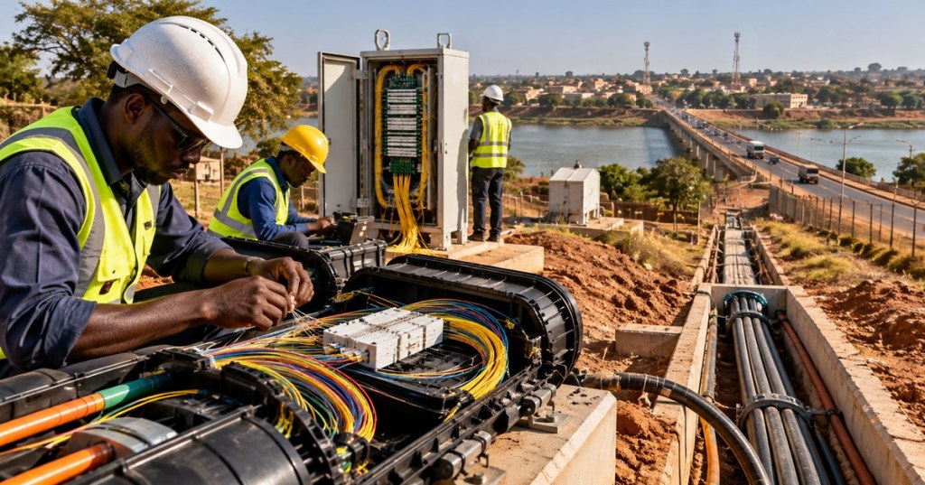 Photorealistic editorial image of African fiber technicians working on a cross-border fiber network beside a bridge and river