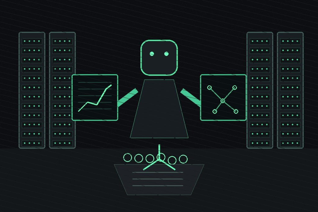 Wordless colored-pencil illustration of an AI agent at a workstation between server racks and investment documents.
