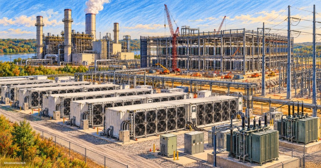 Colored-pencil illustration of a large Bitcoin mining and AI infrastructure campus beside a power plant, with modular mining units, transformers, switchgear and a data center under construction.