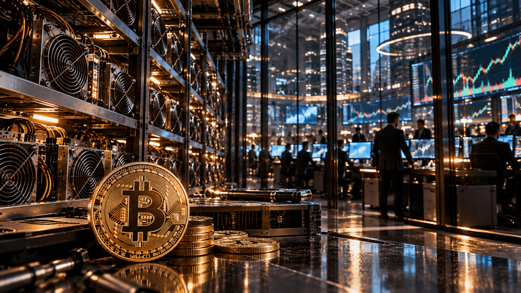 Original editorial artwork of Bitcoin mining equipment and financial trading desks