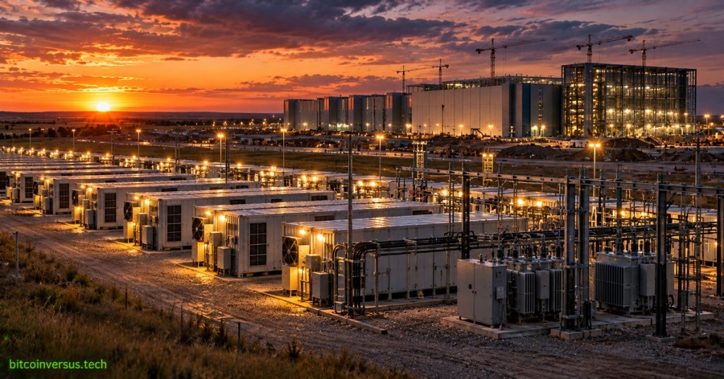 Photorealistic editorial image of a Nebraska bitcoin mining campus beside a large data center under construction at sunset