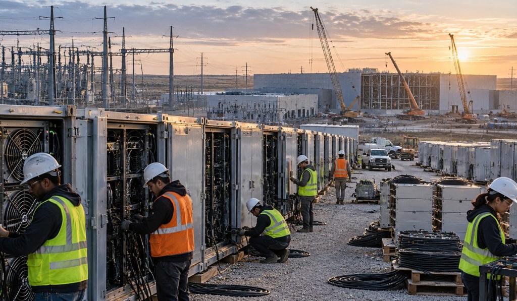 Photorealistic editorial image of technicians working around bitcoin mining equipment while a large data center is built nearby