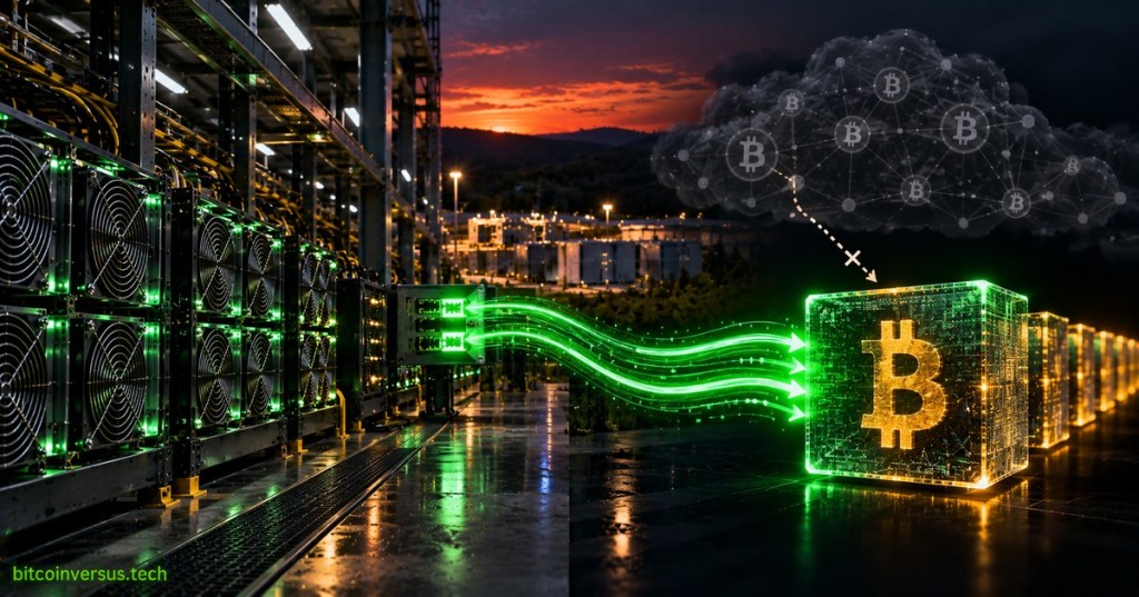 Editorial illustration of a Bitcoin mining pool routing a private transaction around the public mempool into a confirmed block