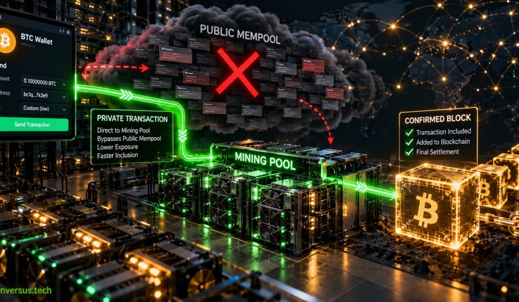 Editorial infographic showing a Bitcoin wallet routing a private transaction directly to a mining pool while bypassing the public mempool