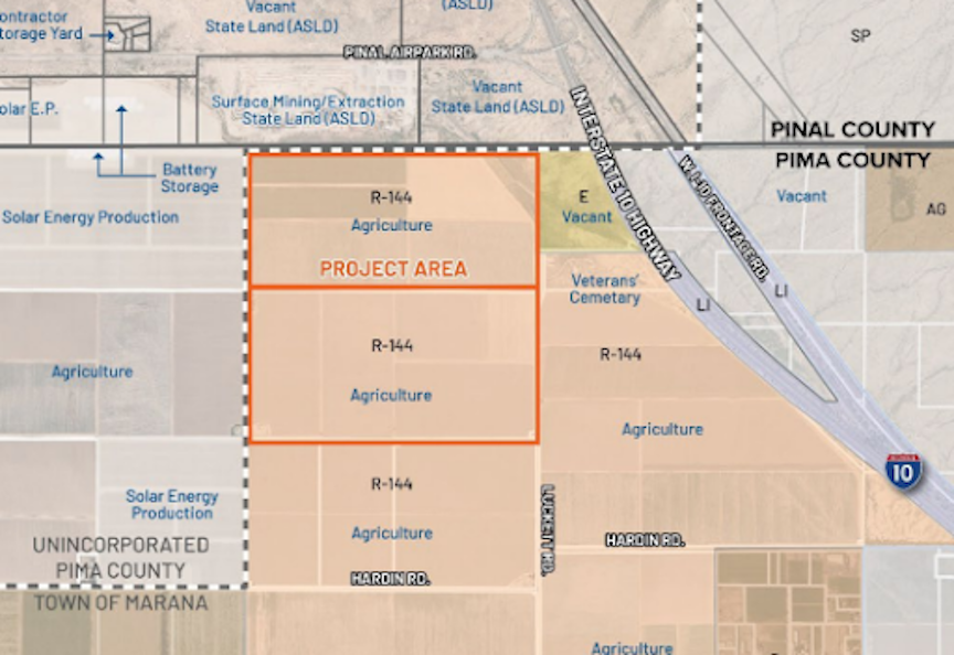 Site planning map outlining the two Luckett Road data center parcels in Marana; it is not an image of built data centers