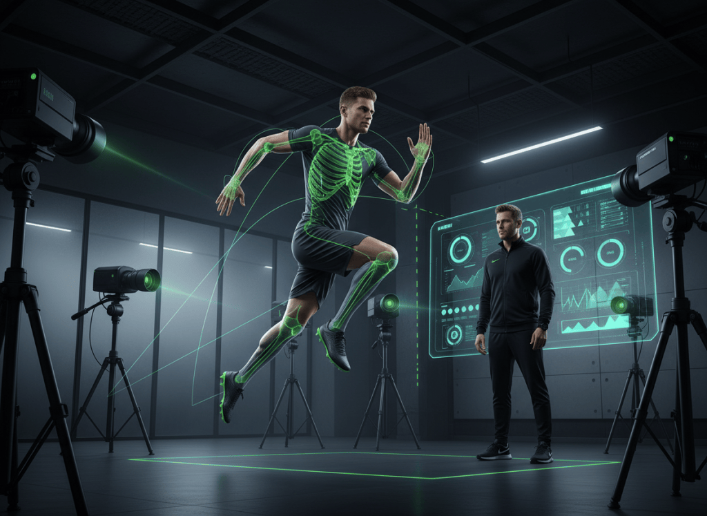 Editorial illustration of a football player analyzed by markerless motion-capture cameras with a 3D skeletal biomechanics model.