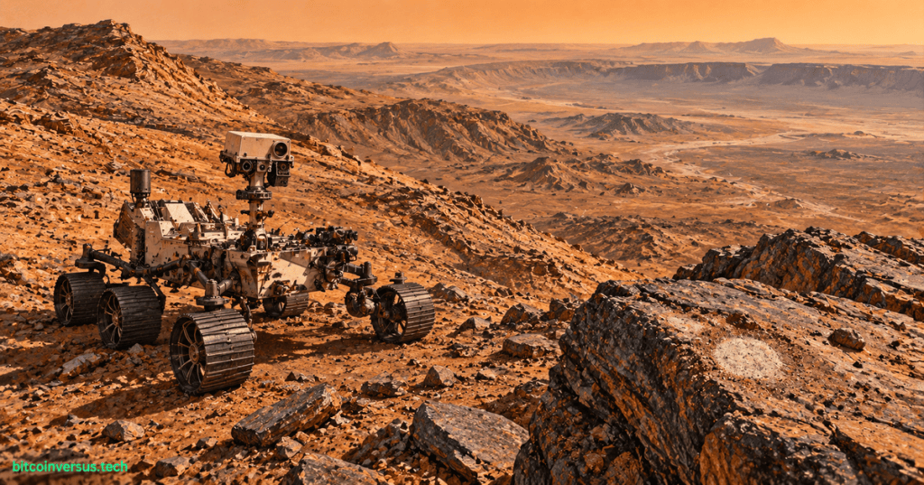 Perseverance rover exploring ancient rocky terrain west of Jezero Crater at Lac de Charmes on Mars