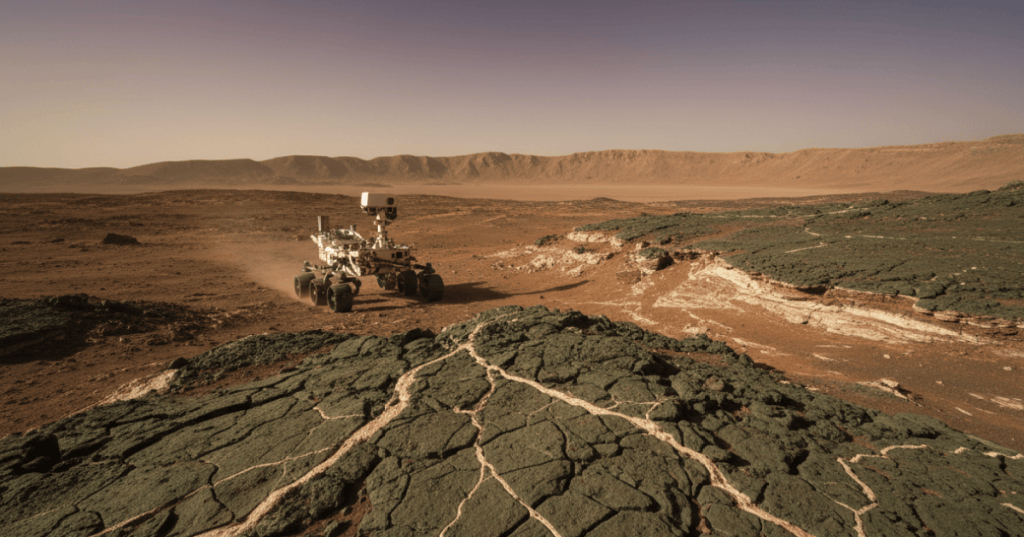 Mars rover beside fractured ancient volcanic rocks crossed by pale mineral veins in Jezero Crater