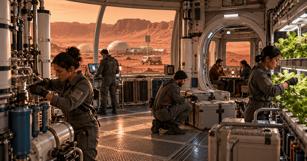 Early Mars settlers prioritize life-support maintenance, hydroponics and supplies while two off-duty colonists quietly play a tabletop game inside the habitat.
