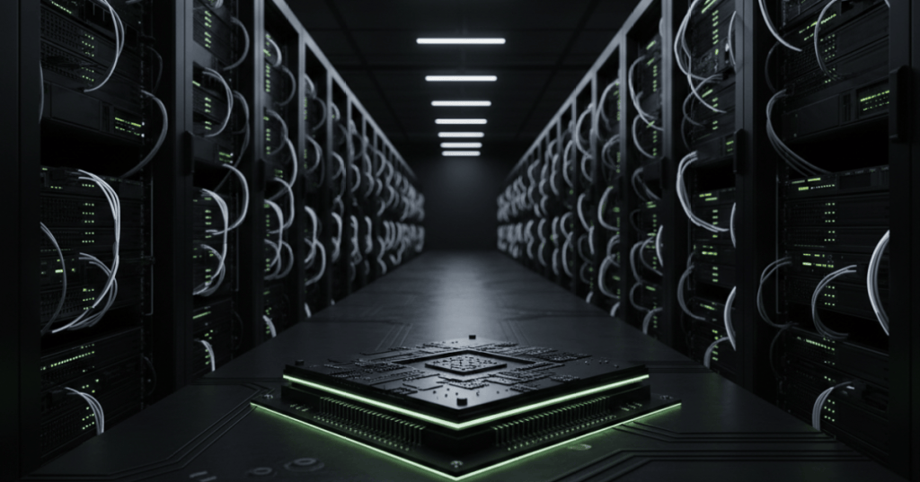 Custom AI silicon package in front of high-density data center racks and interconnects.