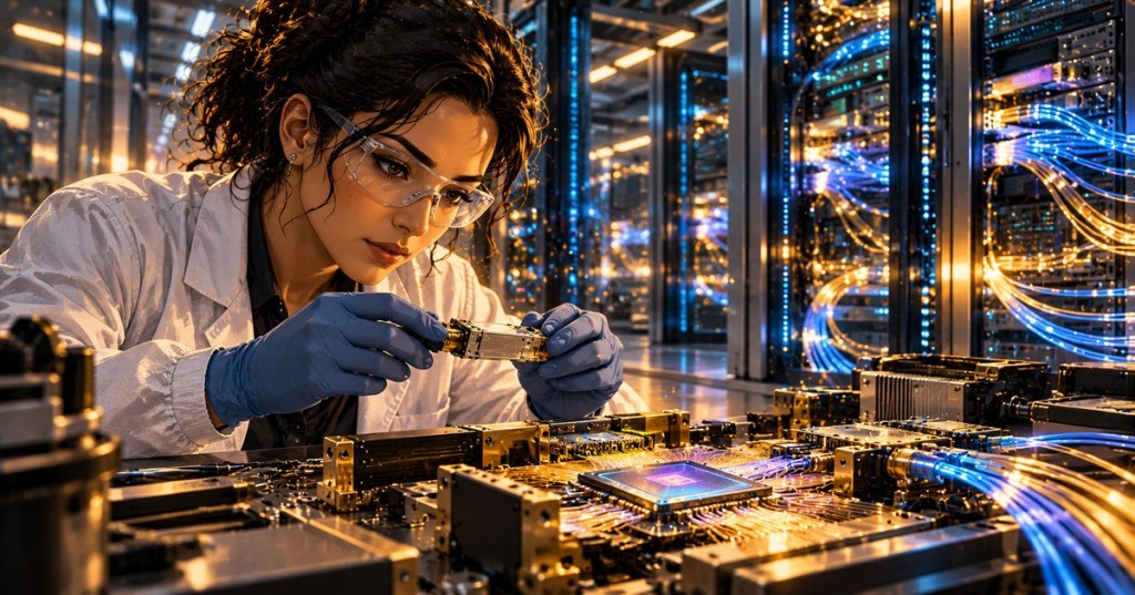 Anime editorial illustration of a brown-skinned female optical engineer inspecting a transceiver beside high-speed fiber-optic networking hardware in a data center laboratory