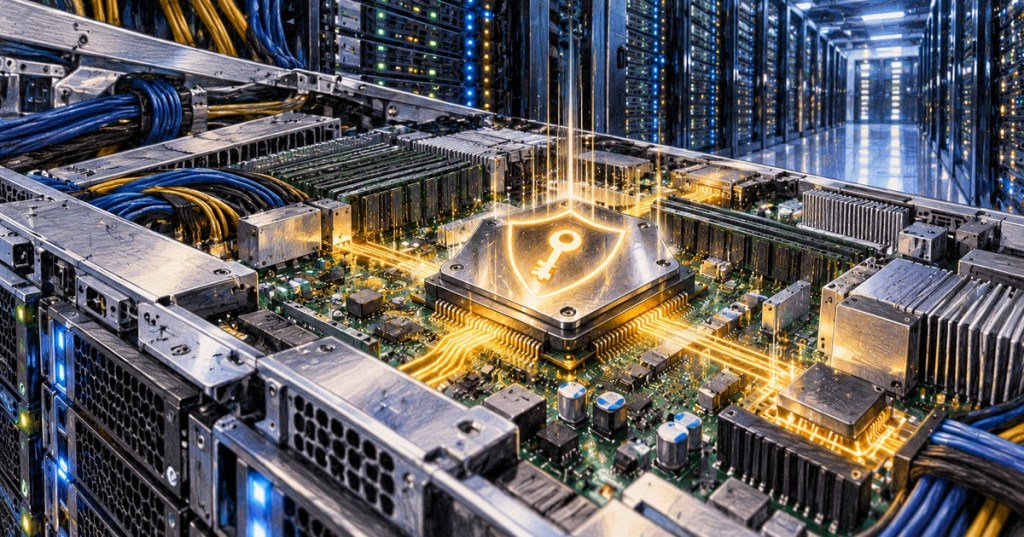 Colored-pencil editorial illustration of a secure hardware security chip embedded on a data center server motherboard.