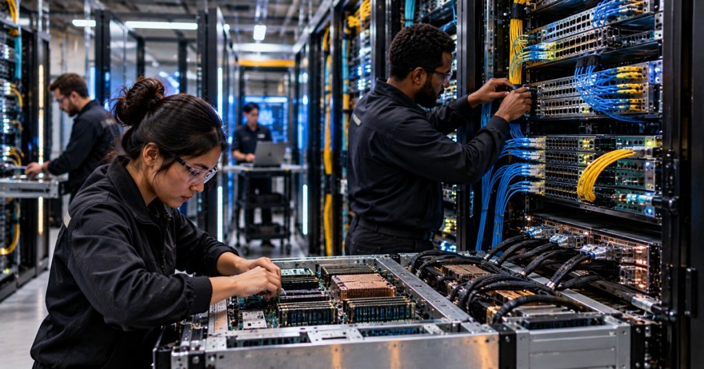 Data center engineers working on high-density AI servers, networking hardware, memory modules, and optical interconnects
