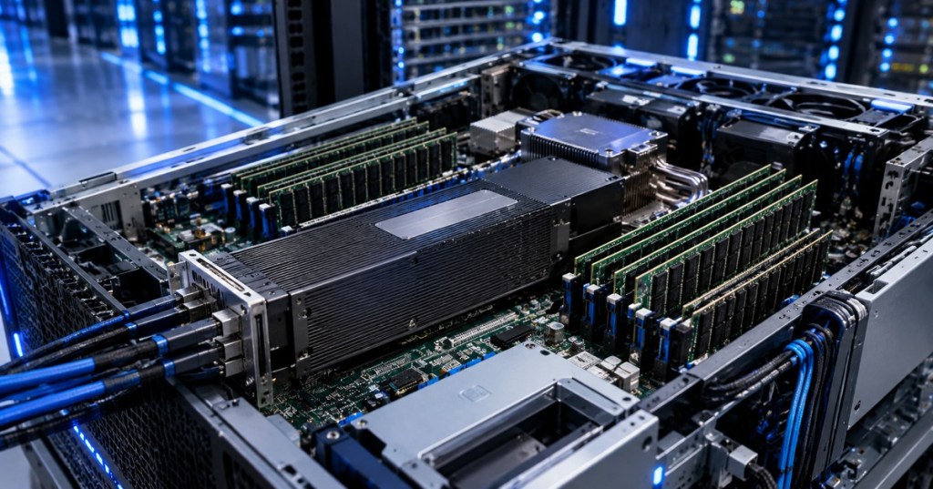 AI server motherboard with large memory expansion hardware and dense RAM inside a data center