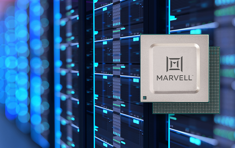 Marvell-branded Teralynx processor illustration against server hardware