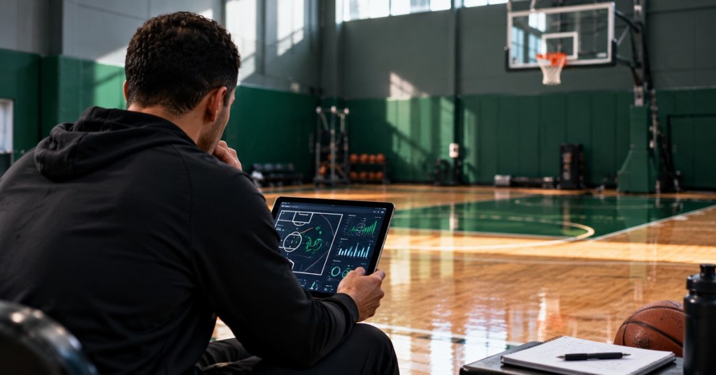 Editorial illustration of a basketball coach reviewing tactical charts on a tablet at a practice gym