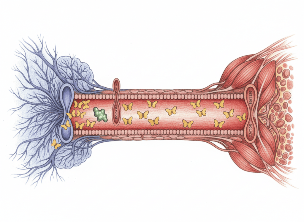 Color-pencil medical illustration showing thyroid hormone transport across cell membranes and the blood-brain barrier in MCT8 deficiency.