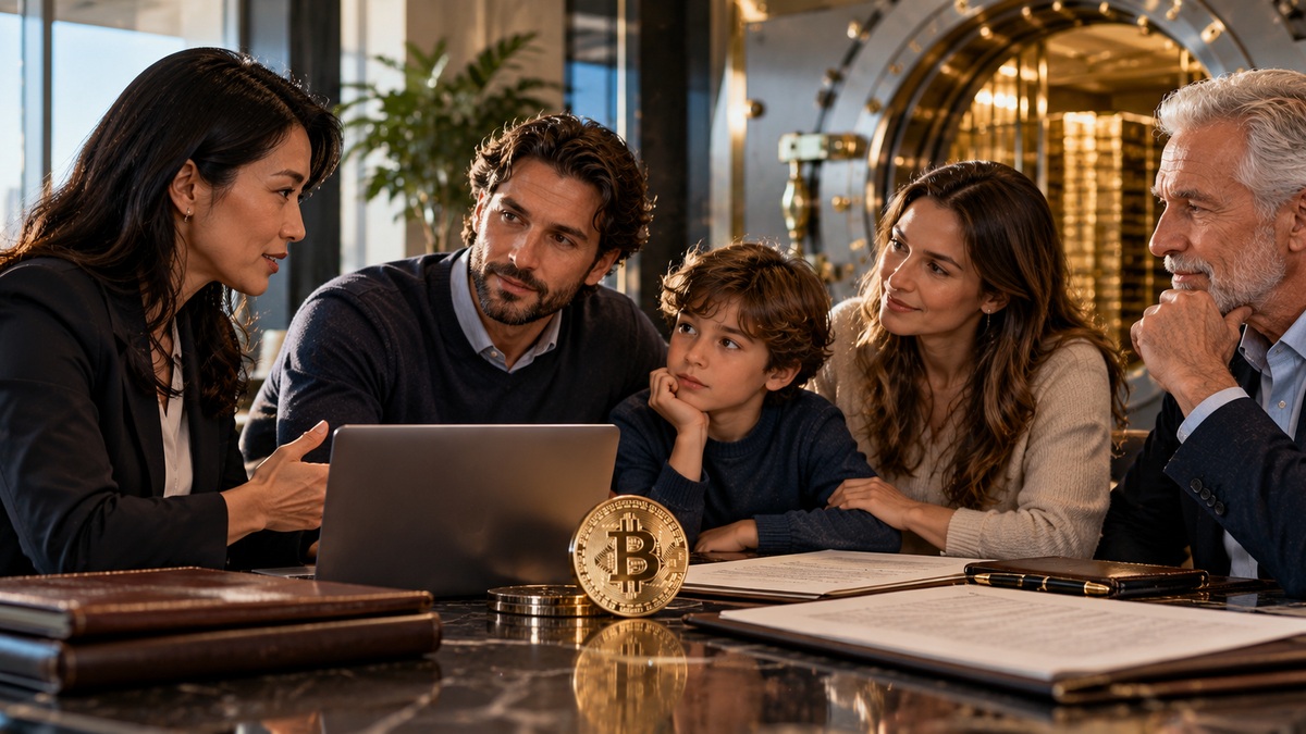 A diverse family meets with an advisor in a secure office to discuss Bitcoin inheritance and life insurance planning.