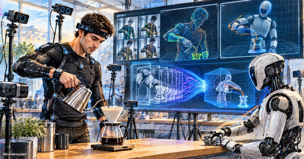 Colored-pencil illustration of a human demonstrating a physical task while a humanoid robot learns from synchronized motion-capture and sensor data.