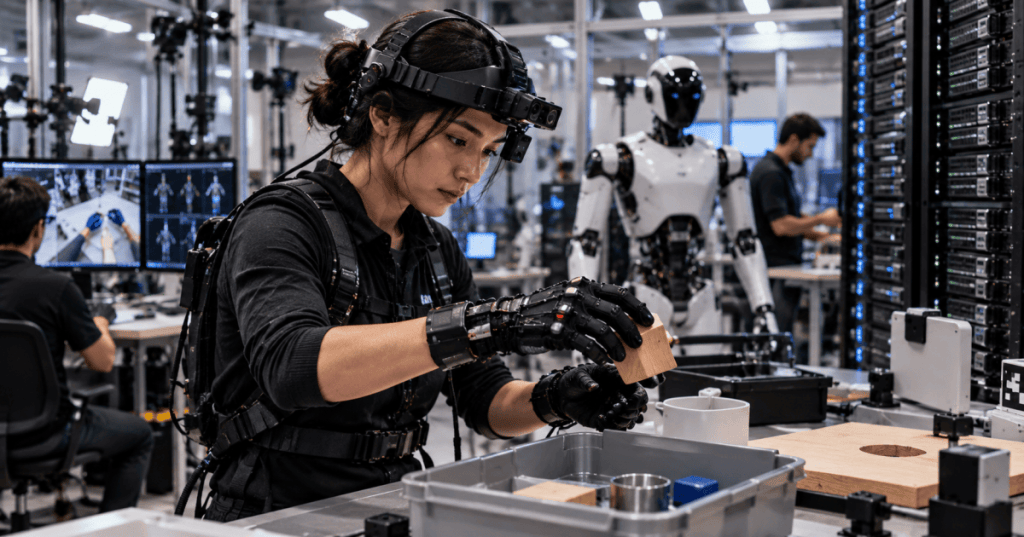 Illustration of tactile sensor gloves and human motion capture in a robot training lab