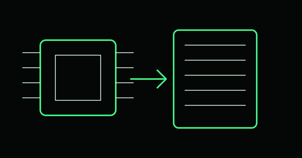 Wordless technical illustration of custom AI silicon feeding dense data center racks.